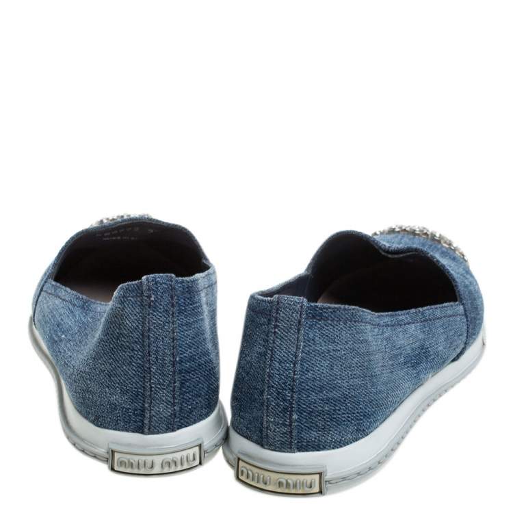 Pre Owned Miu Miu Blue Denim Crystal Embellished Cap Toe Slip On Sneakers Size 36