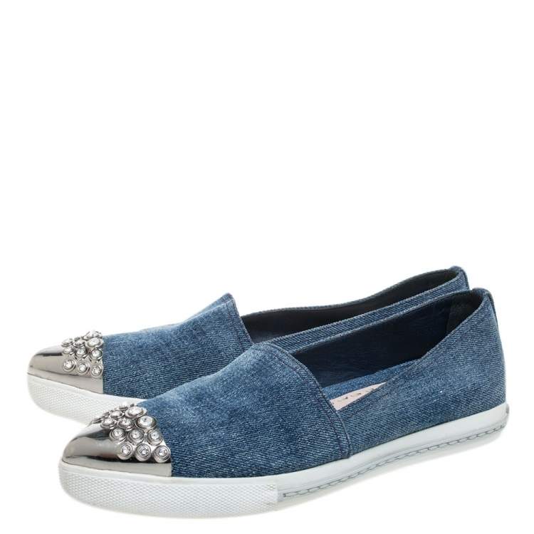 Pre Owned Miu Miu Blue Denim Crystal Embellished Cap Toe Slip On Sneakers Size 36