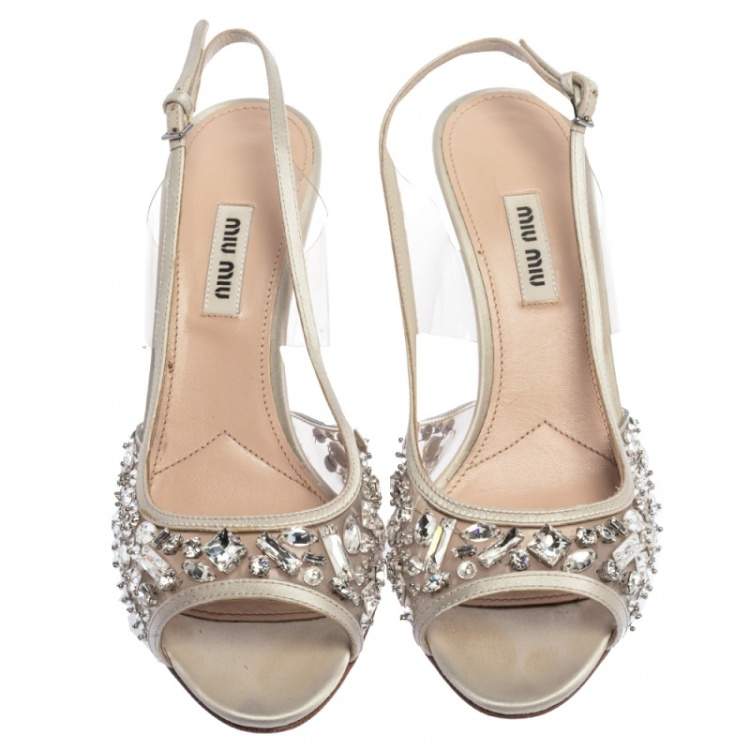 Pre Owned Miu Miu White PVC And Leather Crystal Embellished Slingback Sandals Size 38