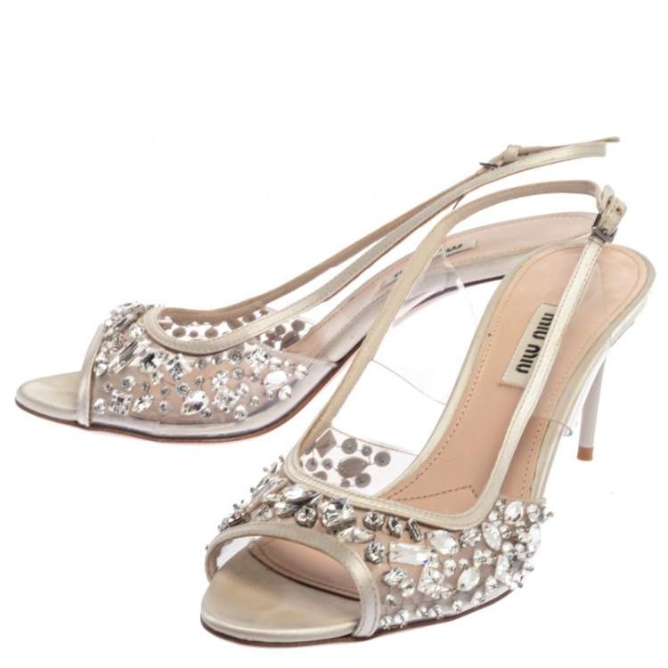 Pre Owned Miu Miu White PVC And Leather Crystal Embellished Slingback Sandals Size 38