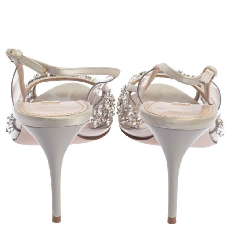 Pre Owned Miu Miu White PVC And Leather Crystal Embellished Slingback Sandals Size 38