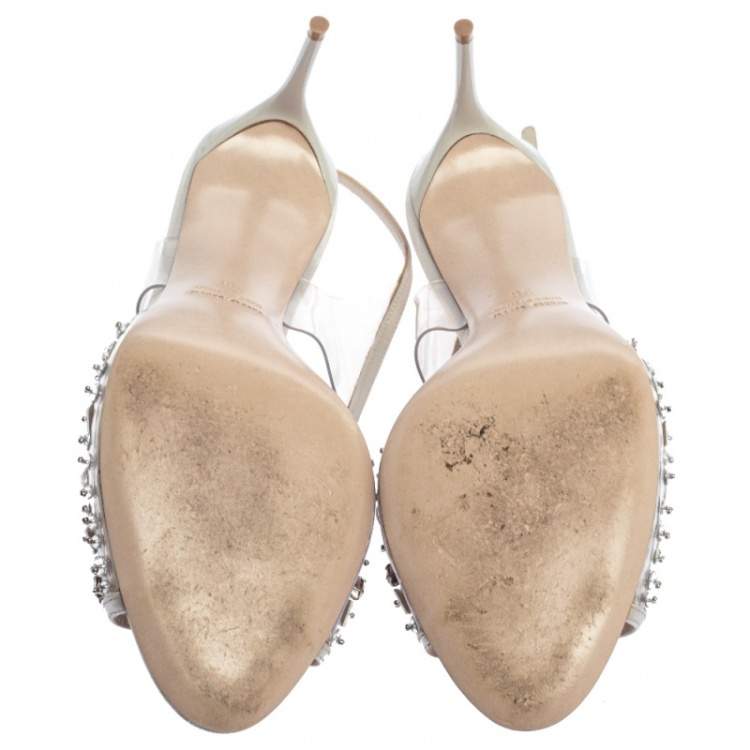 Pre Owned Miu Miu White PVC And Leather Crystal Embellished Slingback Sandals Size 38