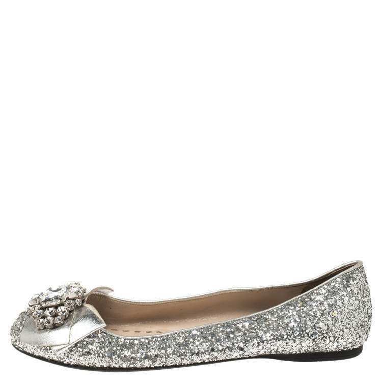Pre Owned Miu Miu Silver Glitters and Leather Ballet Flats Size 37.5