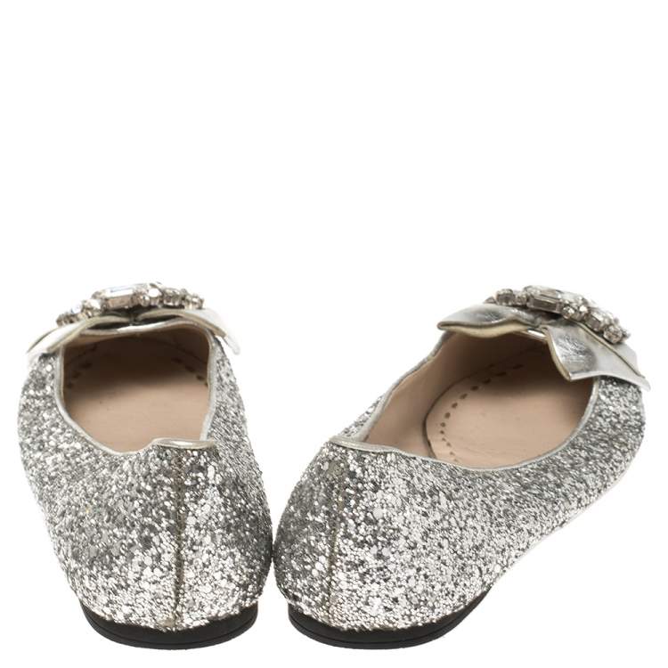 Pre Owned Miu Miu Silver Glitters and Leather Ballet Flats Size 37.5