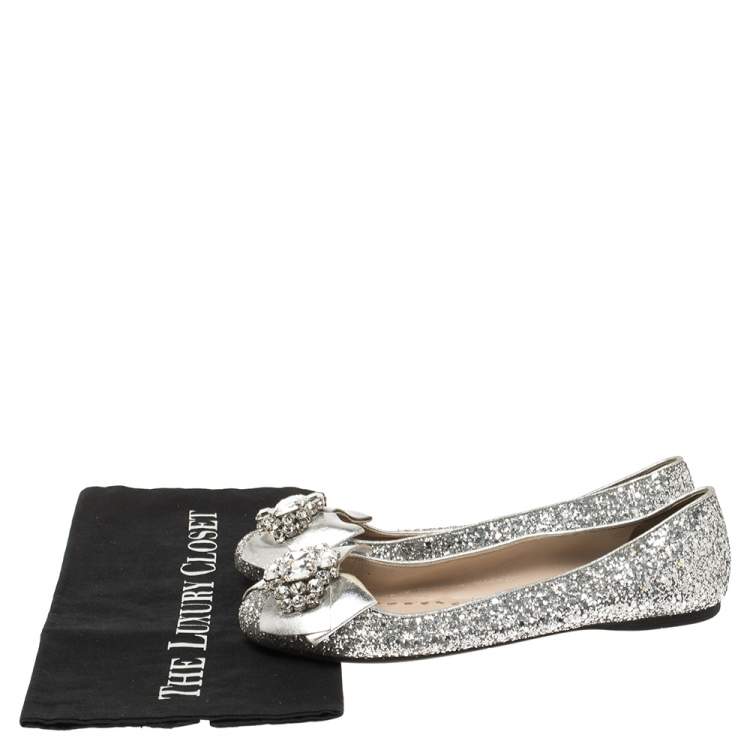 Pre Owned Miu Miu Silver Glitters and Leather Ballet Flats Size 37.5
