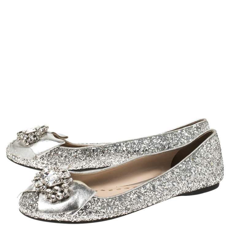 Pre Owned Miu Miu Silver Glitters and Leather Ballet Flats Size 37.5