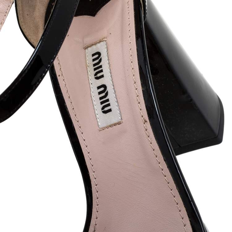 Pre Owned Miu Miu Black Patent Leather Crystal Embellished Platform Sandals Size 38.5