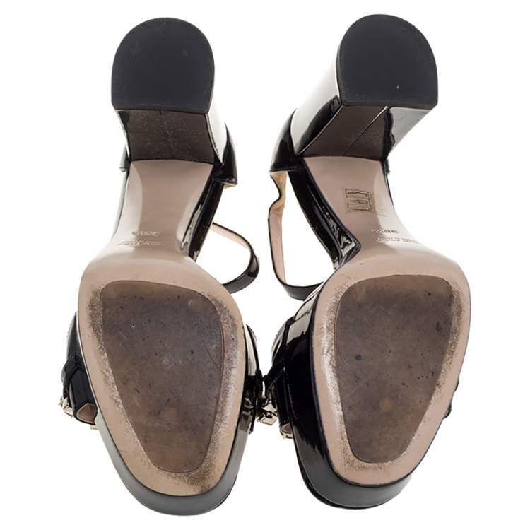 Pre Owned Miu Miu Black Patent Leather Crystal Embellished Platform Sandals Size 38.5