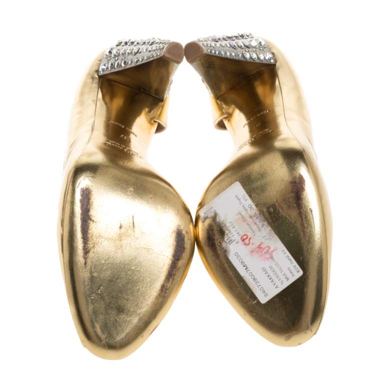 مملوكة مسبقًا Miu Miu Metallic Gold Leather Crystal Embellished Heel D'orsay Sandals Size 37