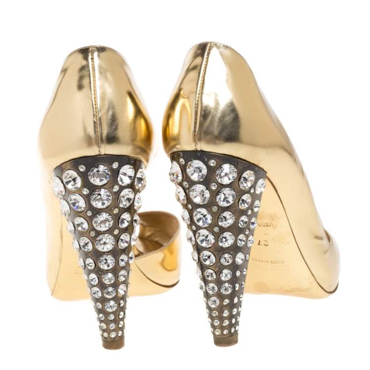 مملوكة مسبقًا Miu Miu Metallic Gold Leather Crystal Embellished Heel D'orsay Sandals Size 37