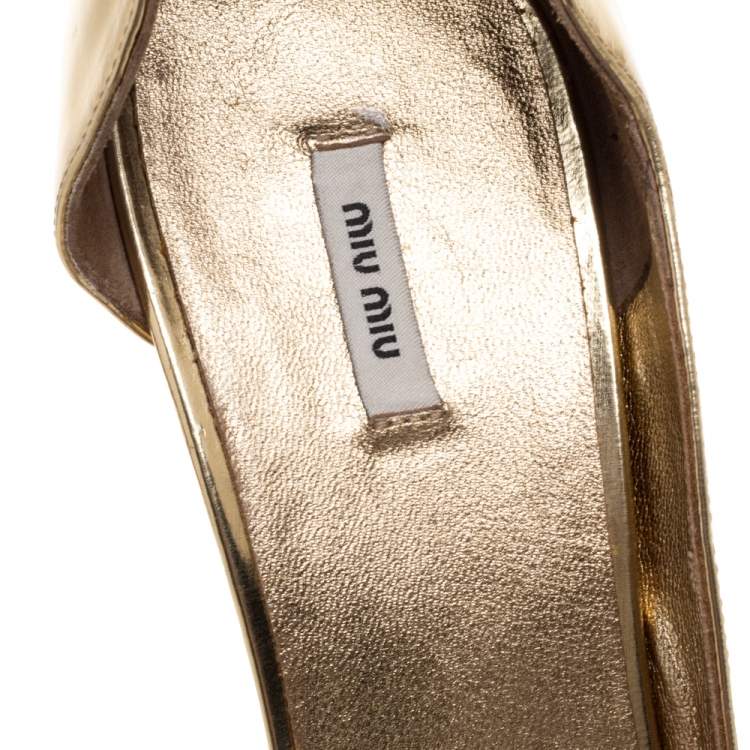 مملوكة مسبقًا Miu Miu Metallic Gold Leather Crystal Embellished Heel D'orsay Sandals Size 37
