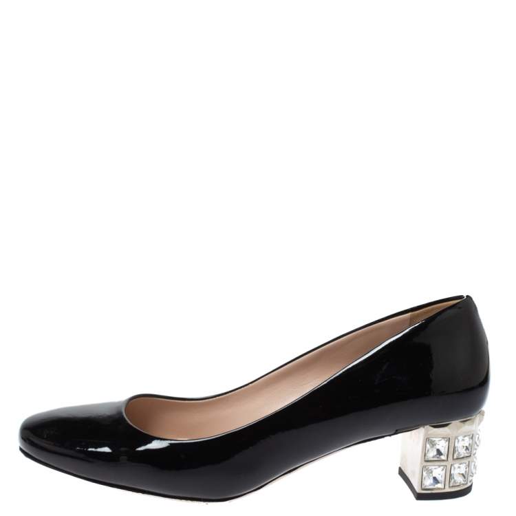 Pre Owned Miu Miu Black Patent Leather Crystal Embellished Block Heel Pumps Size 37.5