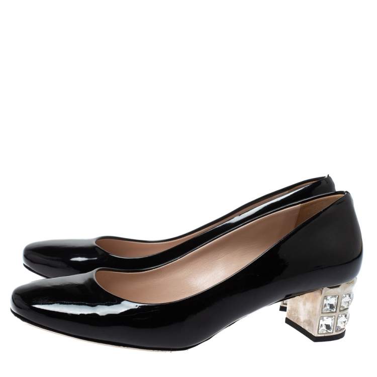 Pre Owned Miu Miu Black Patent Leather Crystal Embellished Block Heel Pumps Size 37.5