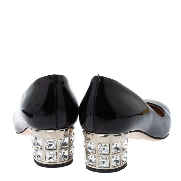 Pre Owned Miu Miu Black Patent Leather Crystal Embellished Block Heel Pumps Size 37.5