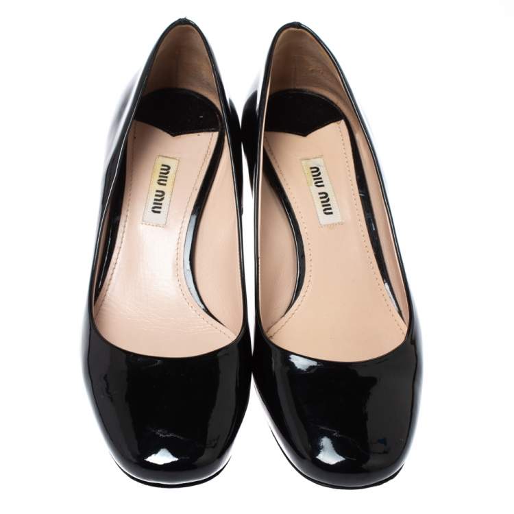 Pre Owned Miu Miu Black Patent Leather Crystal Embellished Block Heel Pumps Size 37.5
