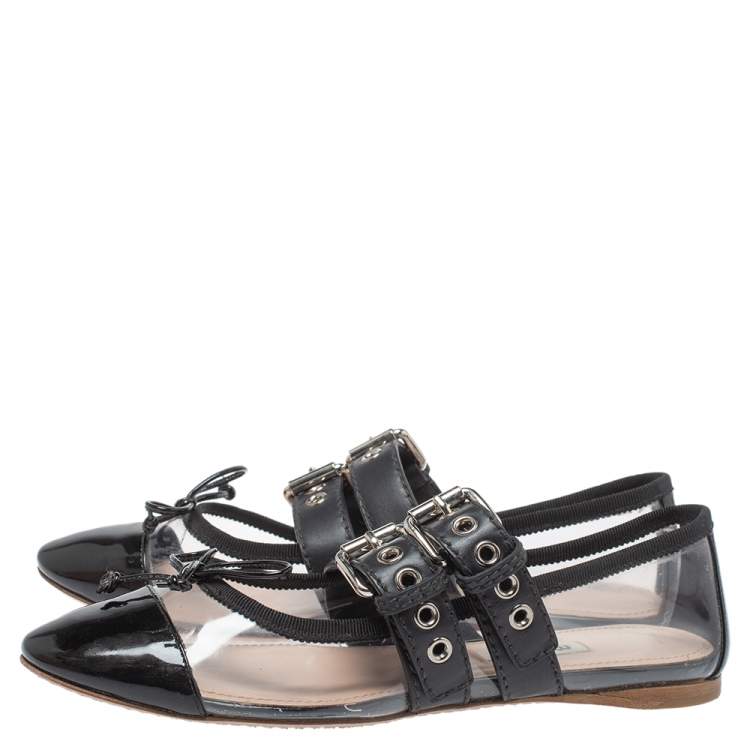 Pre Owned Miu Miu Black Patent Leather And PVC Buckled Strap Bow Ballet Flats Size 36