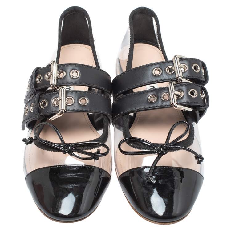 Pre Owned Miu Miu Black Patent Leather And PVC Buckled Strap Bow Ballet Flats Size 36