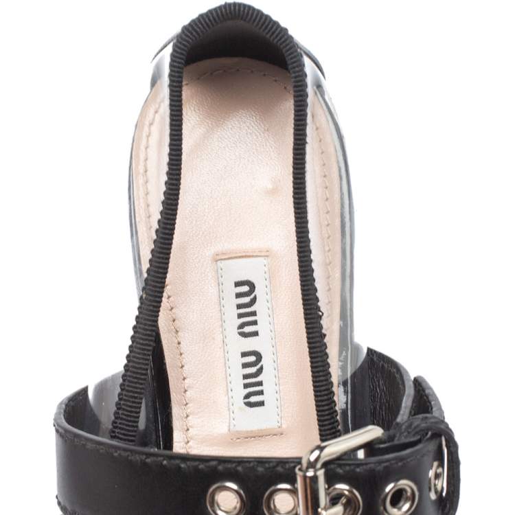 Pre Owned Miu Miu Black Patent Leather And PVC Buckled Strap Bow Ballet Flats Size 36