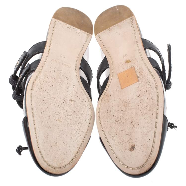 Pre Owned Miu Miu Black Patent Leather And PVC Buckled Strap Bow Ballet Flats Size 36