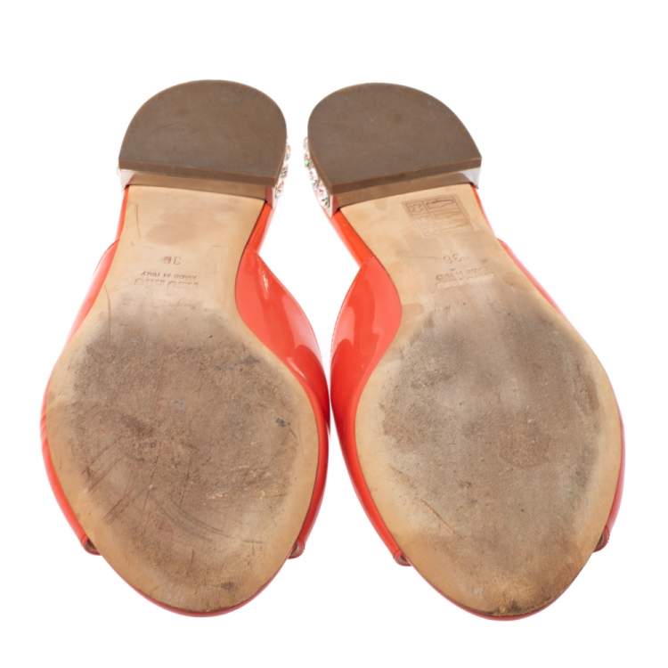 Pre Owned Miu Miu Orange Patent Leather Crystal Embellished Heel Bow Flat Slides Size 36