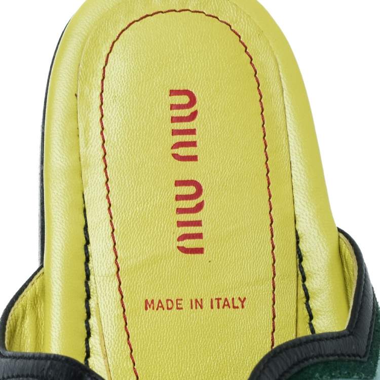 Pre Owned Miu Miu Green/Yellow Leather Tassel Slide Flats Size 39.5