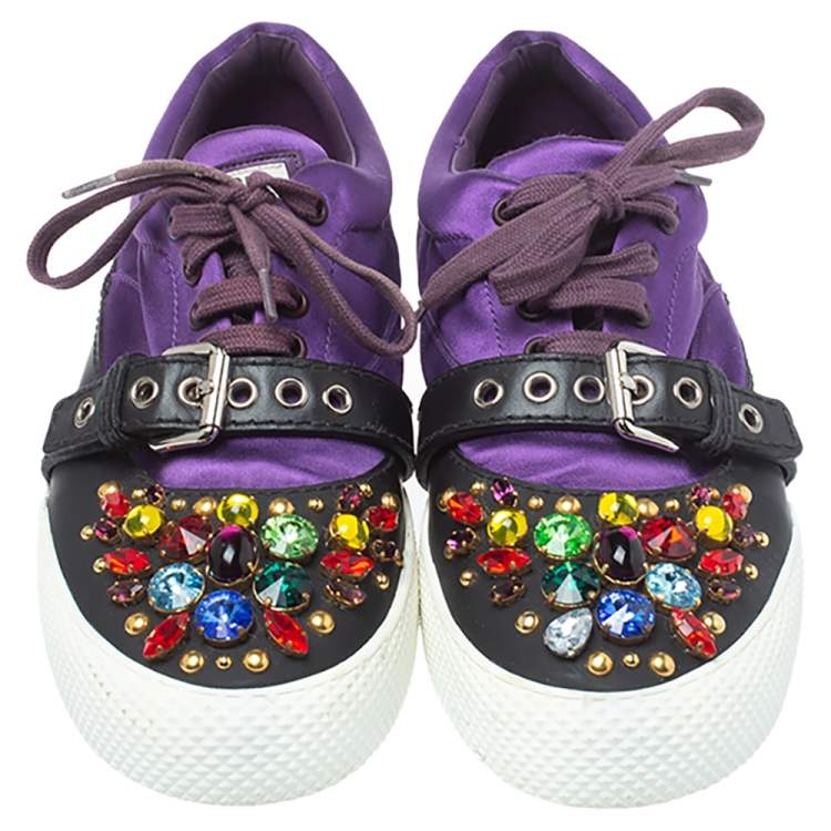 Pre Owned Miu Miu Purple Satin Crystal And Stud Cap Toe Embellished Buckle Detail Sneakers Size 40