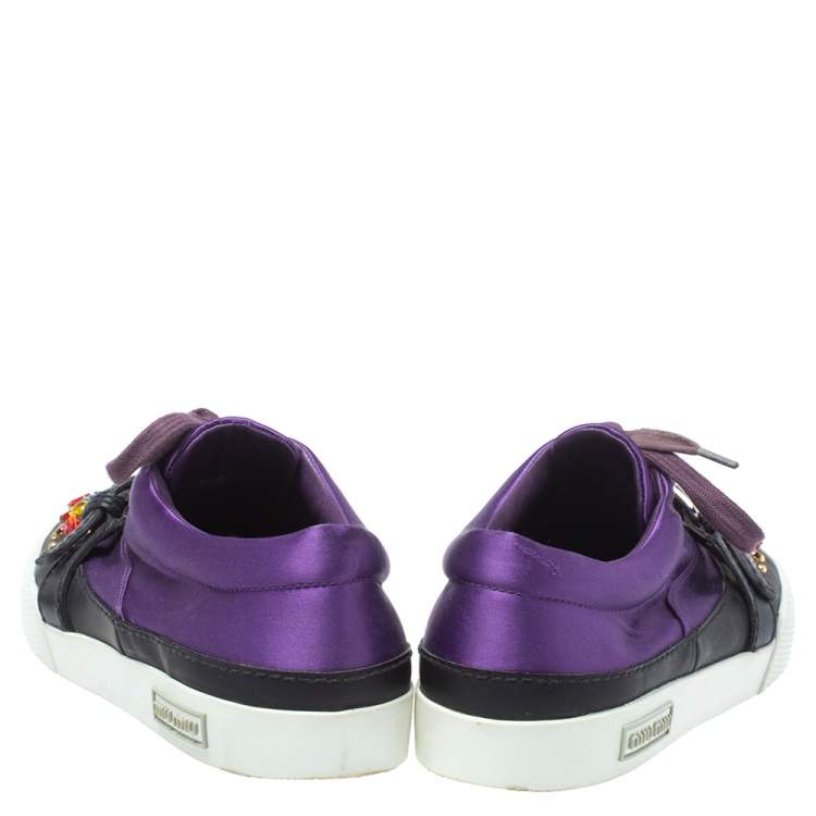 Pre Owned Miu Miu Purple Satin Crystal And Stud Cap Toe Embellished Buckle Detail Sneakers Size 40