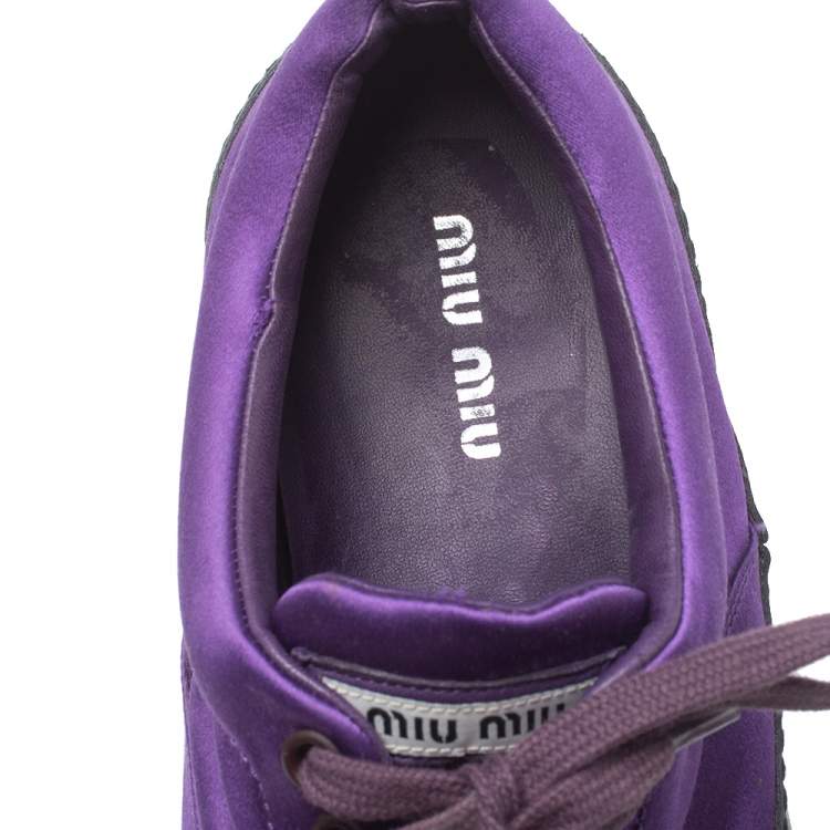 Pre Owned Miu Miu Purple Satin Crystal And Stud Cap Toe Embellished Buckle Detail Sneakers Size 40