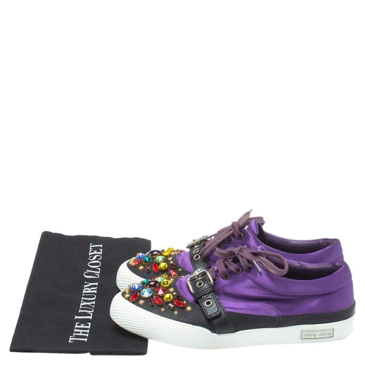 Pre Owned Miu Miu Purple Satin Crystal And Stud Cap Toe Embellished Buckle Detail Sneakers Size 40