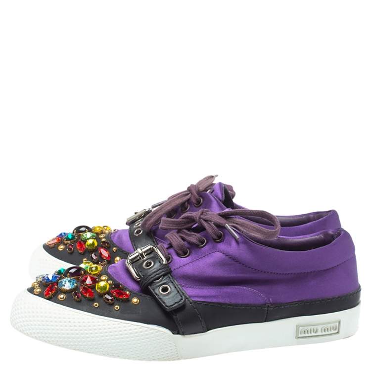 Pre Owned Miu Miu Purple Satin Crystal And Stud Cap Toe Embellished Buckle Detail Sneakers Size 40