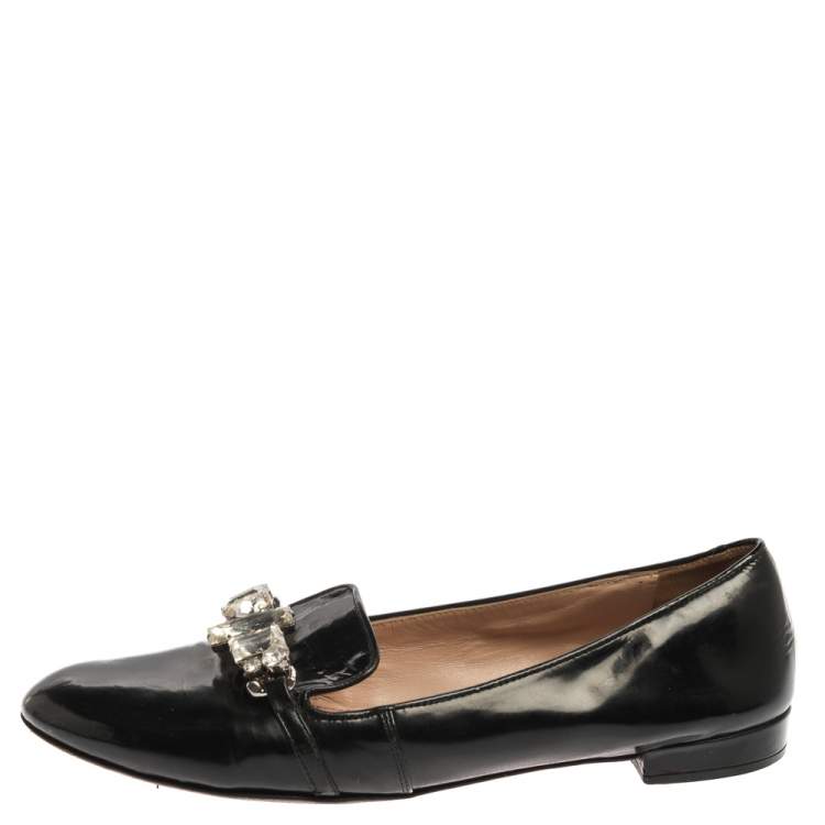 Pre Owned Miu Miu Black Patent Leather Crystal Embellished Ballet Flats Size 40