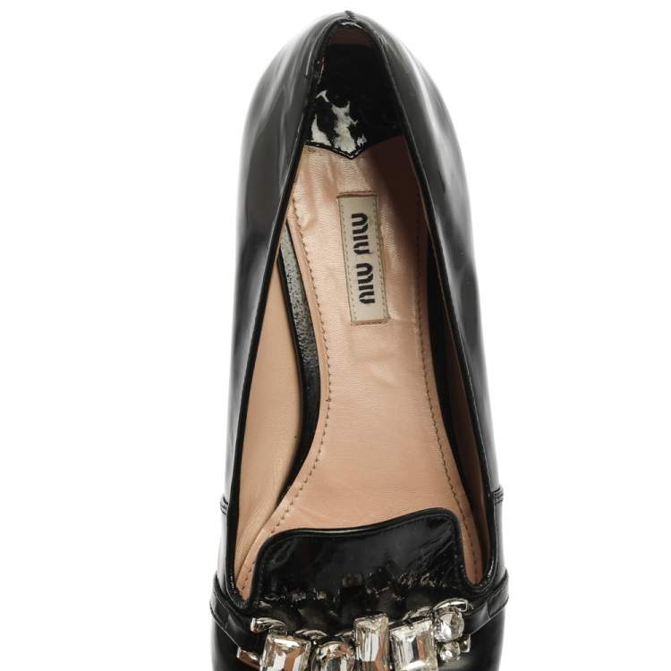 Pre Owned Miu Miu Black Patent Leather Crystal Embellished Ballet Flats Size 40