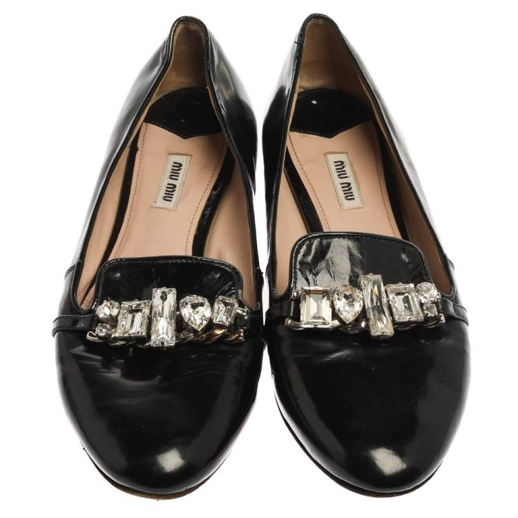 Pre Owned Miu Miu Black Patent Leather Crystal Embellished Ballet Flats Size 40