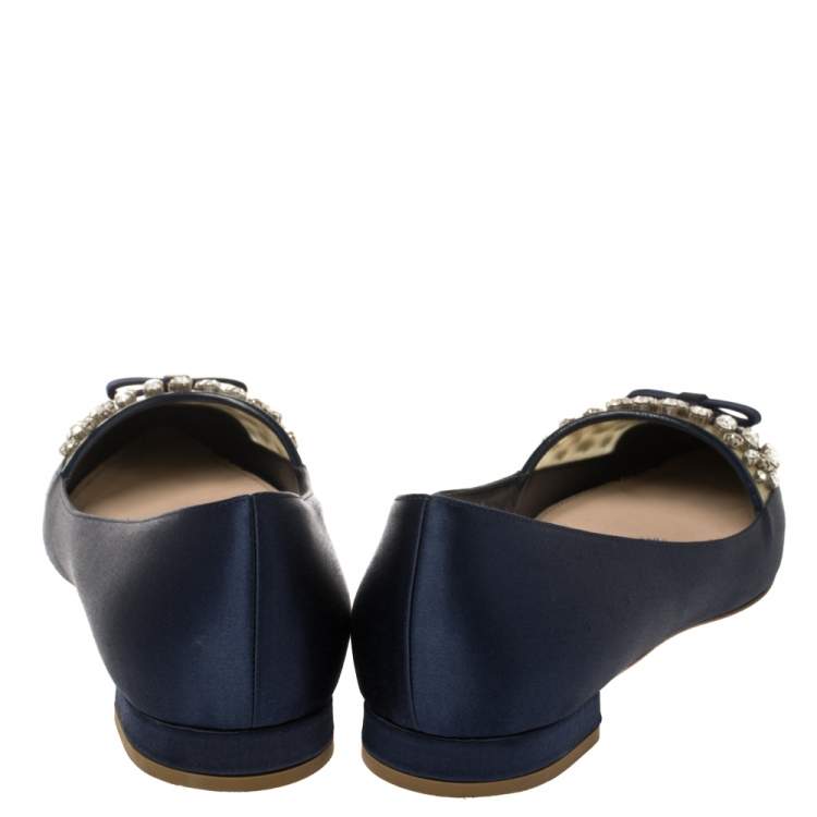 Pre Owned Miu Miu Navy Blue Satin Jeweled Pointed Toe Ballet Flats Size 39