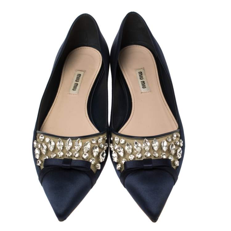 Pre Owned Miu Miu Navy Blue Satin Jeweled Pointed Toe Ballet Flats Size 39