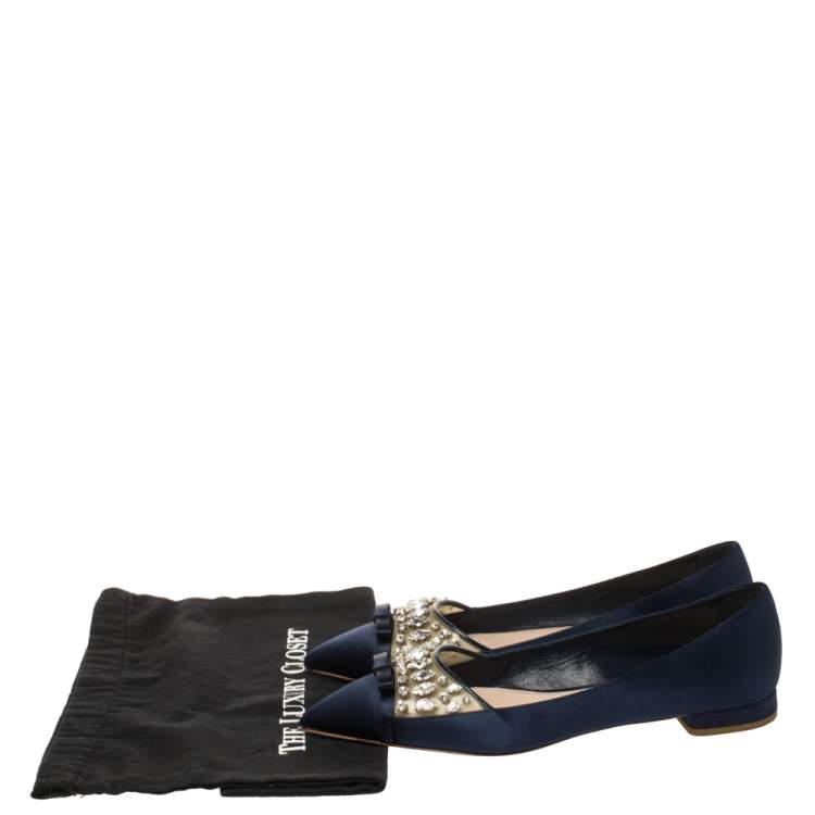 Pre Owned Miu Miu Navy Blue Satin Jeweled Pointed Toe Ballet Flats Size 39