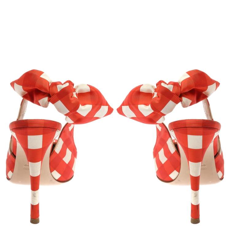 Pre Owned Miu Miu Orange/White Check Fabric Vichy Bow Slingback Sandals Size 39