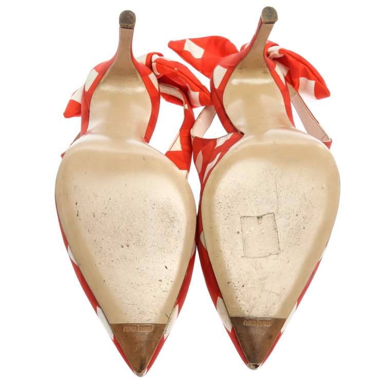 Pre Owned Miu Miu Orange/White Check Fabric Vichy Bow Slingback Sandals Size 39