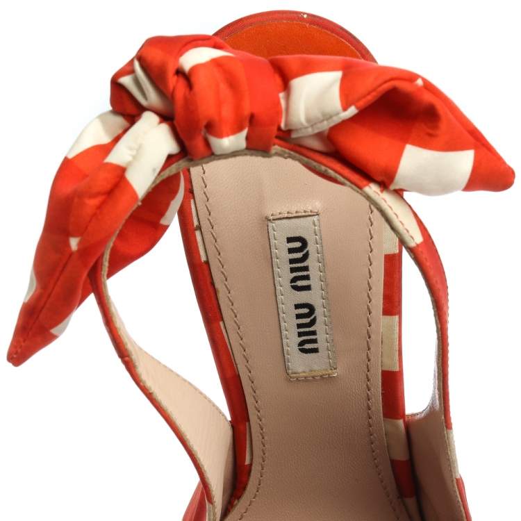 Pre Owned Miu Miu Orange/White Check Fabric Vichy Bow Slingback Sandals Size 39