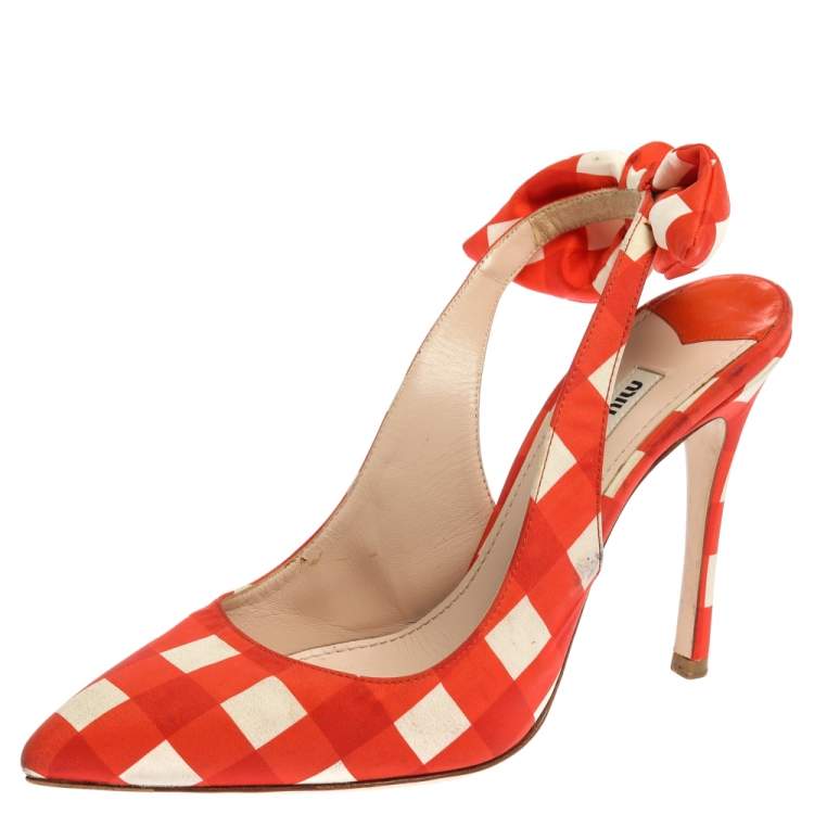 Pre Owned Miu Miu Orange/White Check Fabric Vichy Bow Slingback Sandals Size 39