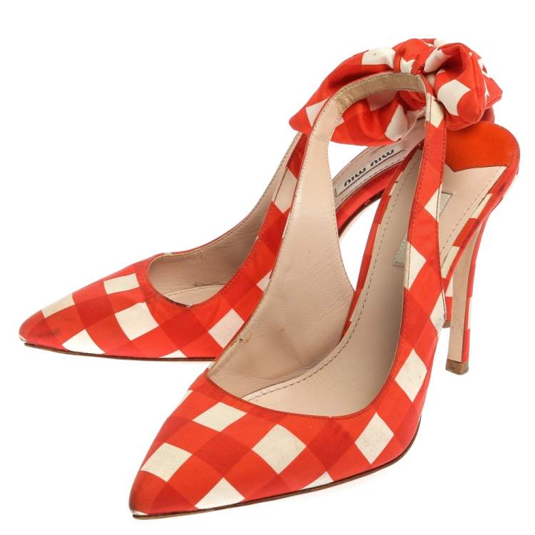Pre Owned Miu Miu Orange/White Check Fabric Vichy Bow Slingback Sandals Size 39