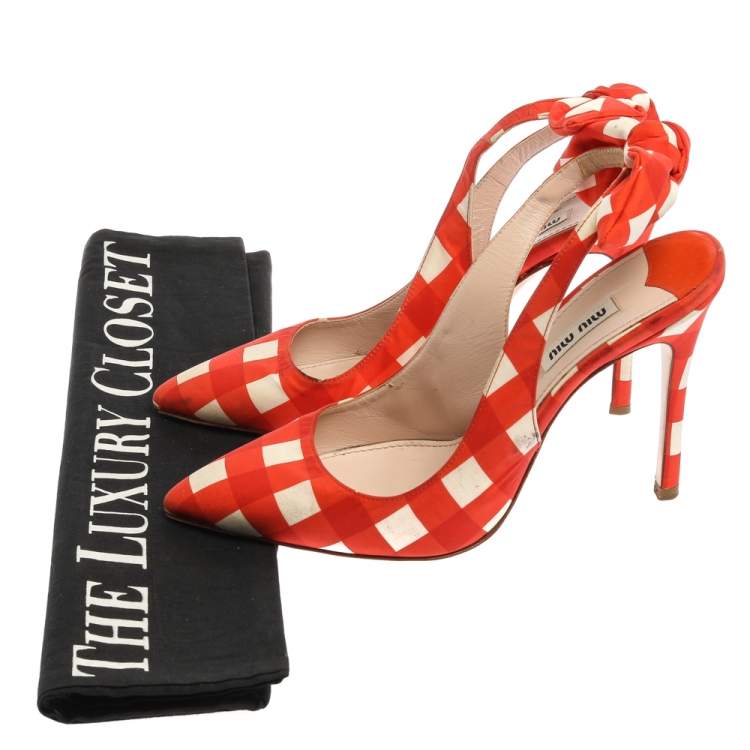 Pre Owned Miu Miu Orange/White Check Fabric Vichy Bow Slingback Sandals Size 39