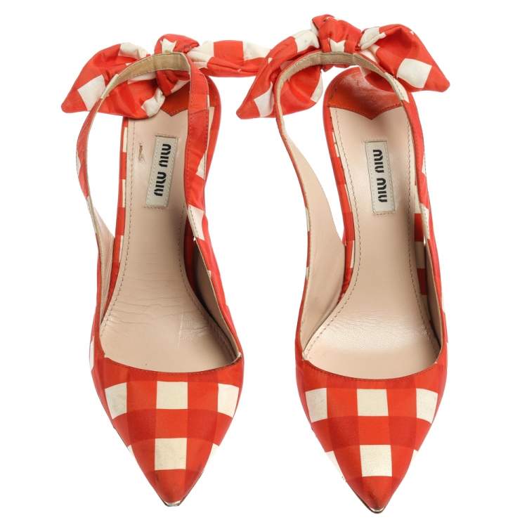 Pre Owned Miu Miu Orange/White Check Fabric Vichy Bow Slingback Sandals Size 39