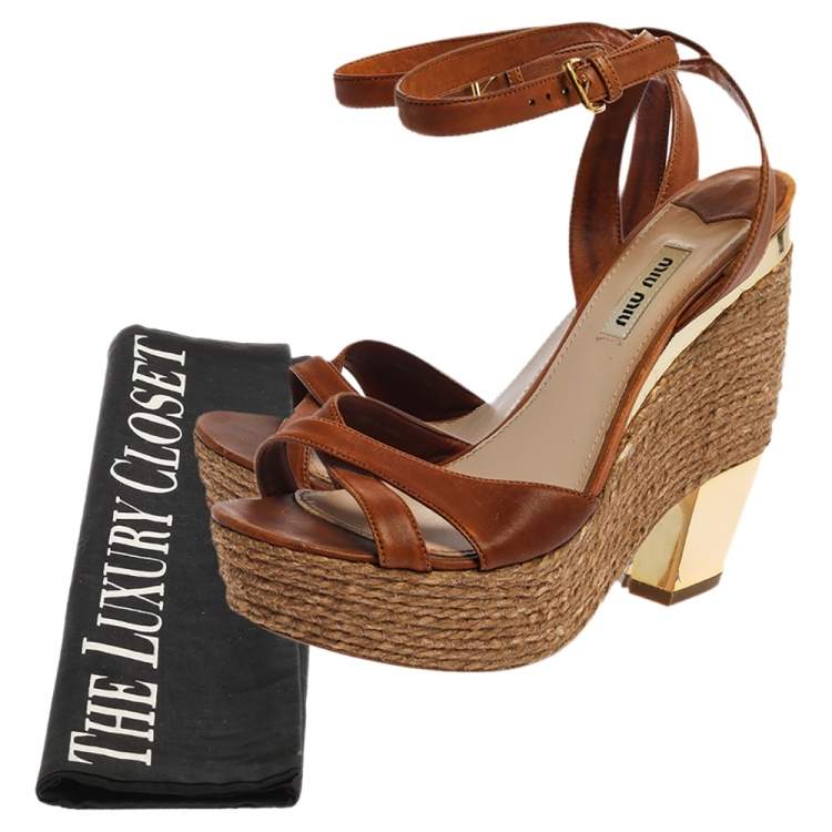 Pre Owned Miu Miu Brown Leather Espadrilles Wedge Platform Crisscross Ankle Strap Sandals Size 38
