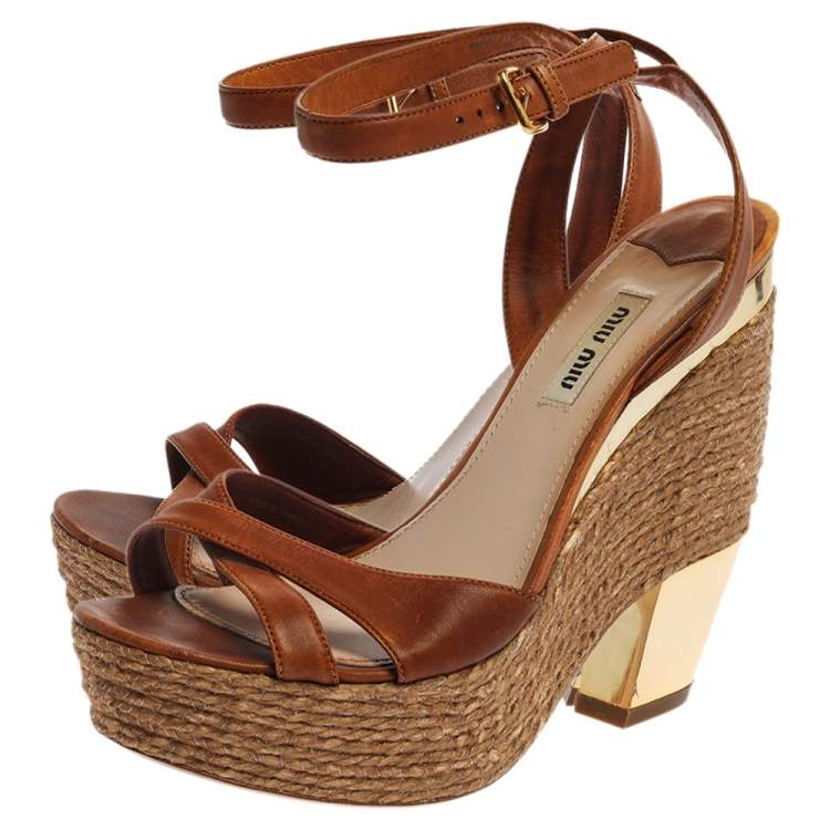 Pre Owned Miu Miu Brown Leather Espadrilles Wedge Platform Crisscross Ankle Strap Sandals Size 38