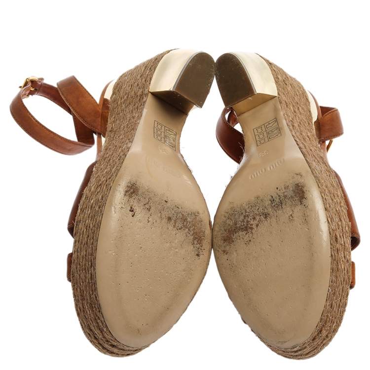 Pre Owned Miu Miu Brown Leather Espadrilles Wedge Platform Crisscross Ankle Strap Sandals Size 38