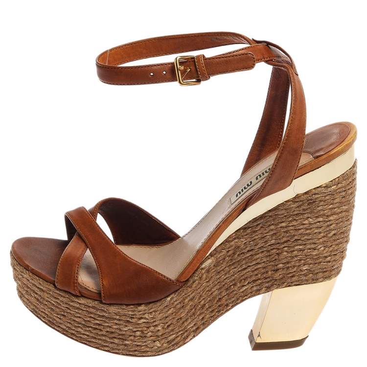 Pre Owned Miu Miu Brown Leather Espadrilles Wedge Platform Crisscross Ankle Strap Sandals Size 38