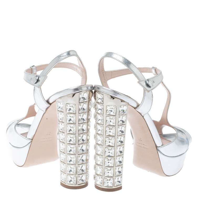 Pre Owned Miu Miu Silver Leather T-Strap Crystal Embellished Heel Platform Sandals Size 37