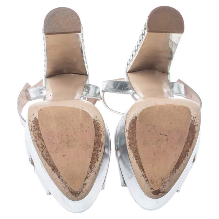 Pre Owned Miu Miu Silver Leather T-Strap Crystal Embellished Heel Platform Sandals Size 37