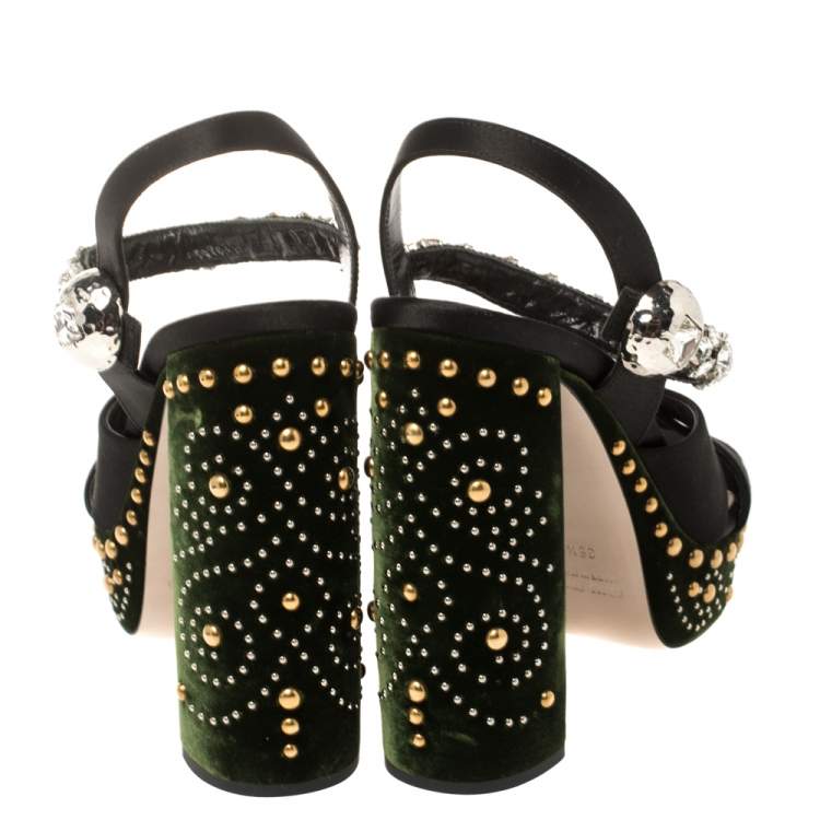 Pre Owned Miu Miu Black/Green Satin and Studded Velvet Crystal Embellished Platform Ankle Strap Sandals Size 38.5